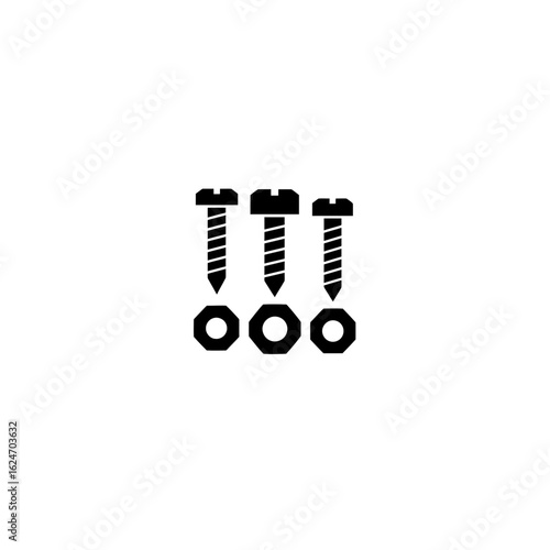 Three black screws with nuts arranged in a row, vector icon for industries, repairing and fixing process. Fasteners for assembling furniture 