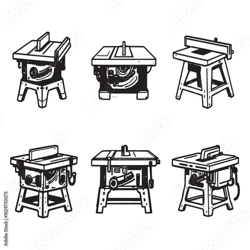 Table saw line art illustration for woodworking projects.eps