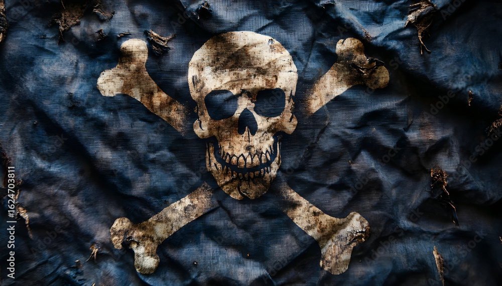 Fototapeta premium Close-up of weathered pirate flag with skull crossbones design. Symbol of danger, piracy, adventure. Tattered, dark, gothic, historical flag represents rebellion on nautical maritime ocean theme
