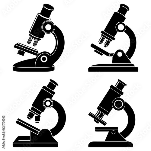 Four black and white microscope illustrations arranged in a square pattern on a white background
