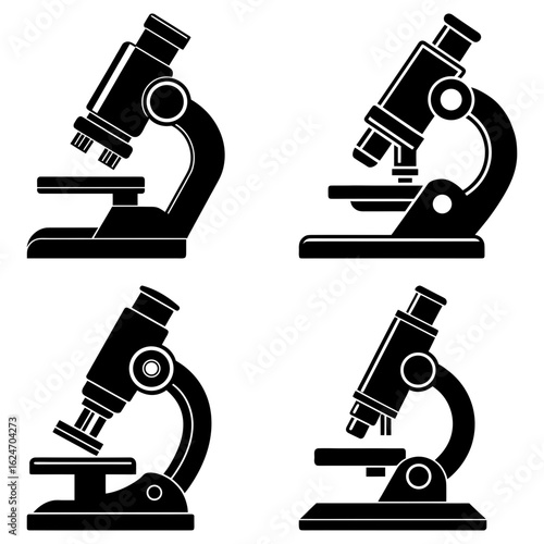 Illustration showing four microscopes in black silhouette isolated on a white background in a square format