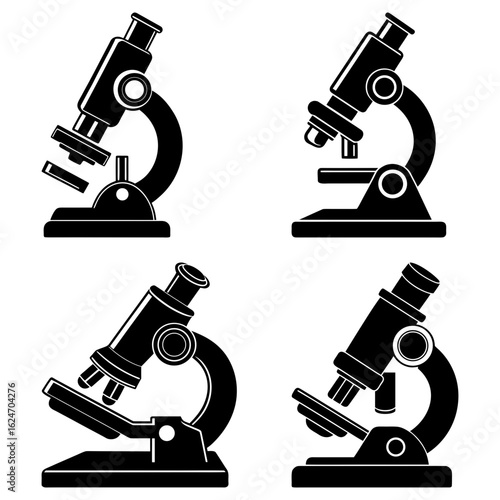 Four black and white microscope illustrations in varying positions and orientations on a white background
