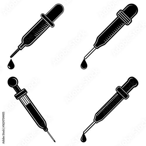 Illustration of four medical droppers with varying designs and a single needle with liquid drop