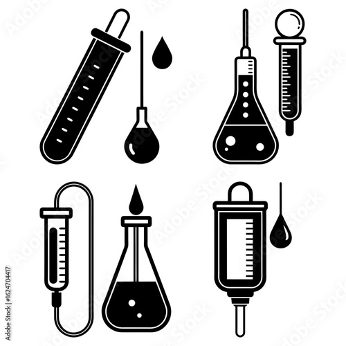 Illustration of various laboratory glassware including flasks pipettes and droppers in black and white style