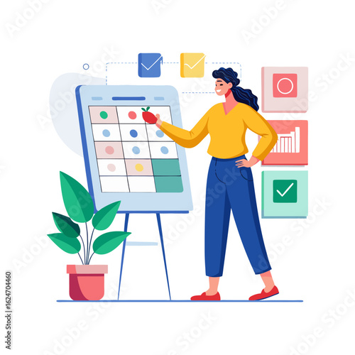 Businesswoman Reviewing Kanban Board for Project Management Workflow, Agile Task Organization, Productivity Planning, and Time Management Illustration