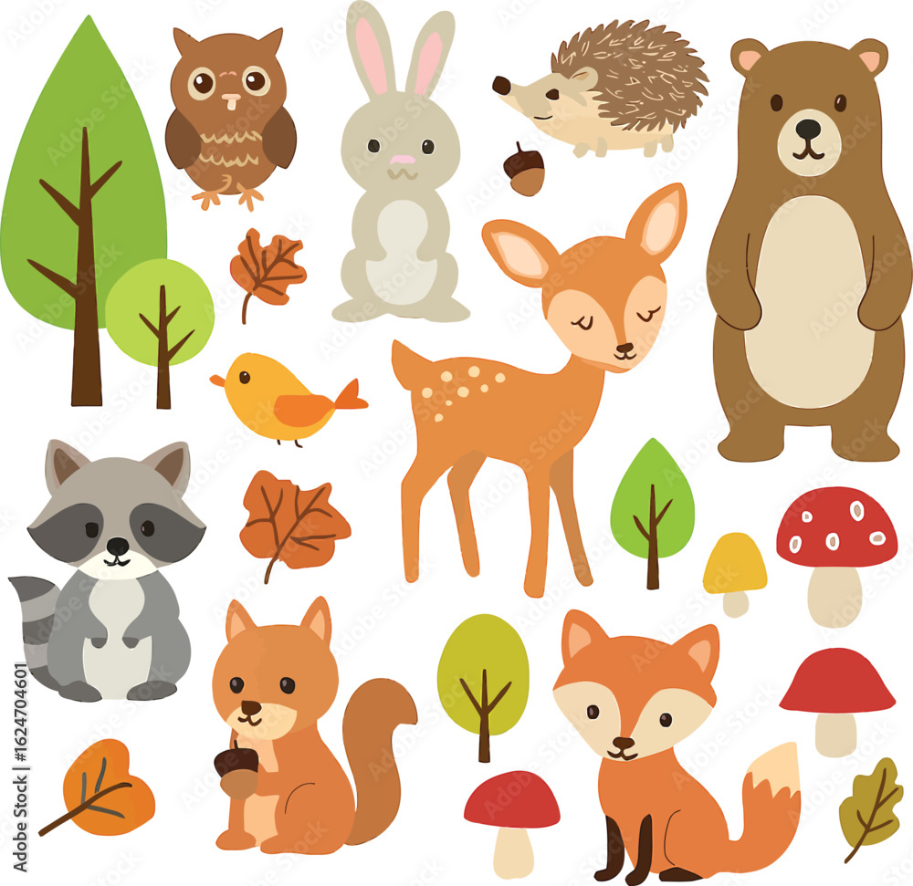 Obraz premium A cute set of funny cartoon animal characters, including a bear, dog, cat, and rabbit, as a vector illustration collection for baby and zoo themes