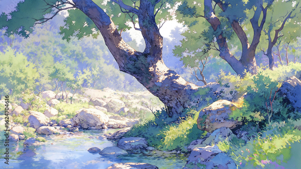 Fototapeta premium 懐かしさを感じる優しい光と緑に包まれた森の中、手描きの質感と淡い色彩が印象的な自然の風景イラスト。癒しやリラクゼーション素材としても最適な構図。