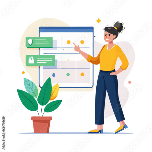Businesswoman Reviewing Kanban Board for Project Management Workflow, Agile Task Organization, Productivity Planning, and Time Management Illustration