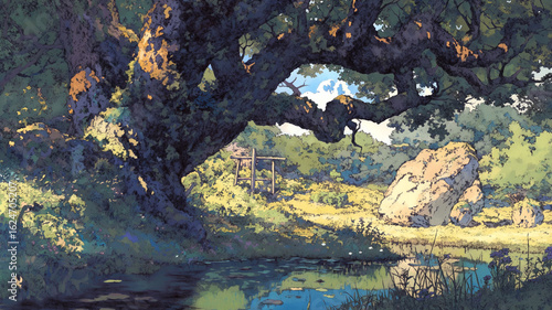 Wallpaper Mural 手描き風の繊細なタッチで描かれた森の風景と、差し込むやさしい懐かしさを感じる光が印象的なイラスト素材。自然と癒しをテーマにしたノスタルジックな風景画。 Torontodigital.ca