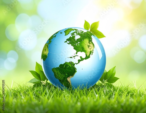 Earth globe nestled in vibrant green grass, surrounded by nature