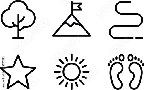 Icons Showing Tree, Mountain with Flag, River, Star, Sun, & Footprints, Isolated
