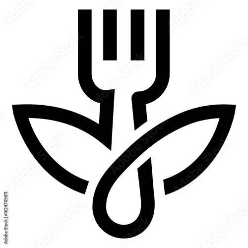 Logo dieta vegana. Icono de tenedor con hojas de planta con líneas	