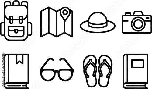 Isolated traveling Icons backpack, map, hat, camera, book, glasses and sandals