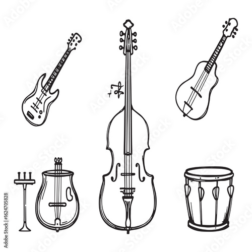 variety of musical instruments in clean line style.eps