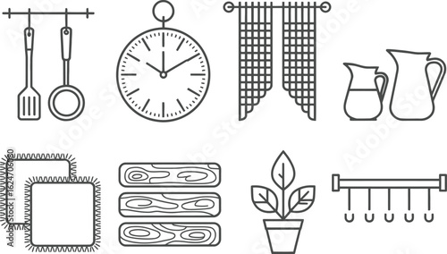 Kitchen Utensils, Clock, Curtains, Jugs, Trivets, Wood, Plant, Hooks Outline on White