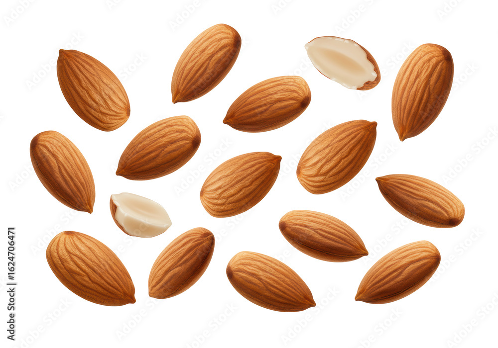 Multiple whole raw almonds, rich brown, textured, suspended mid-air against a pristine transparent background with copy space, no shadows, ultra-realistic UHD studio shot. Concept of natural food and Multiple whole raw almonds, rich brown, textured, suspended mid-air against a pristine transparent background with copy space, no shadows, ultra-realistic UHD studio shot. Concept of natural food and