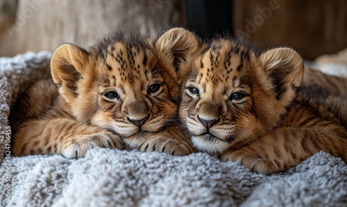Close-up of two wild young baby African lion cubs in the African safari wilderness, capturing the bond between siblings and the beauty of their natural surroundings, Generative AI