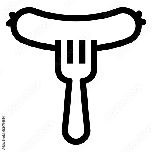 Logotipo restaurante a la parrilla. Icono salchicha en tenedor con líneas