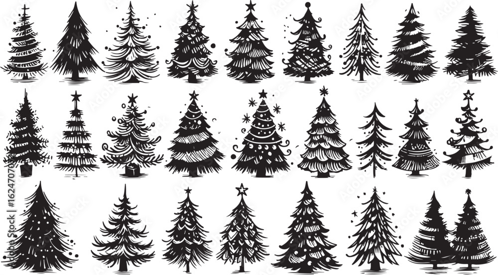 Fototapeta premium Isolated vector set of green pine and fir trees for Christmas winter holiday forest landscape decoration