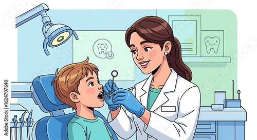 Caring Female Dentist Examines a Young Boy's Teeth in a Bright, Modern Clinic Illustration.