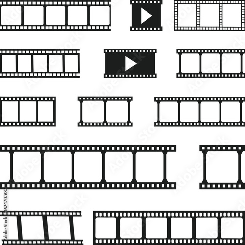 Grunge film strips collection Silhouette. Old retro cinema movie strip. Video recording. Video tape photo film strip frame vector illustration,