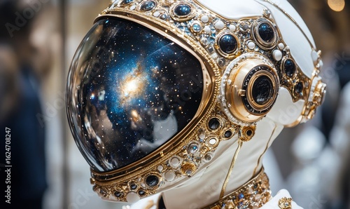 Close-up portrait of an astronaut in a spacesuit, with the reflection of a nebula galaxy in the helmet glass, representing exploration and the vastness of the universe, Generative AI