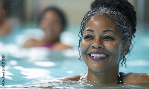 Happy Black African American women swimming and performing aqua aerobics, highlighting friendship, fitness, and well-being in water activities, Generative AI