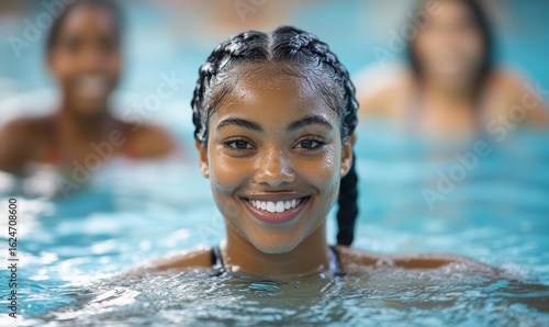 Happy Black African American women swimming and doing aqua aerobics together, focusing on fitness, health, and wellness to maintain a healthy lifestyle, Generative AI