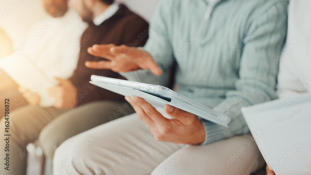 Fototapeta premium Hands, business and person with tablet in waiting room for job interview, sign up and company website. Candidates, row and digital for research, online application and reading feedback of recruitment