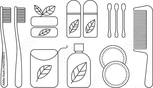 Outline Hygiene Items with Leaf Design Featuring Toothbrushes and Cotton Swabs