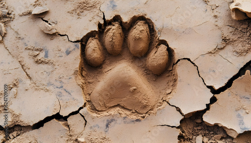 Showing cracked clay revealing large animal paw print in dry riverbed, with clay fragments