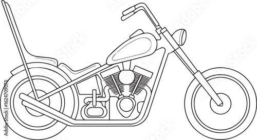 retro motorbike vector graphic displaying detailed lineart outline of cruiser motorcycle perfect for print and digital use
