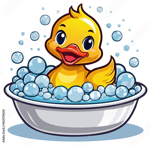 Yellow rubber ducky taking a bubble bath, cartoon clipart illustration, isolated 