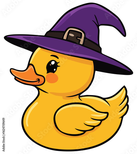 Yellow rubber ducky wearing a purple witch hat, halloween clipart, isolated 