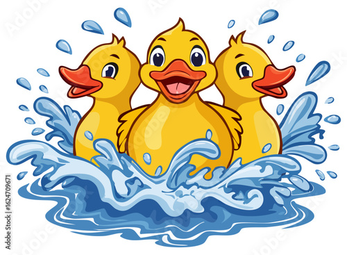 Three yellow rubber duckies splashing in water 