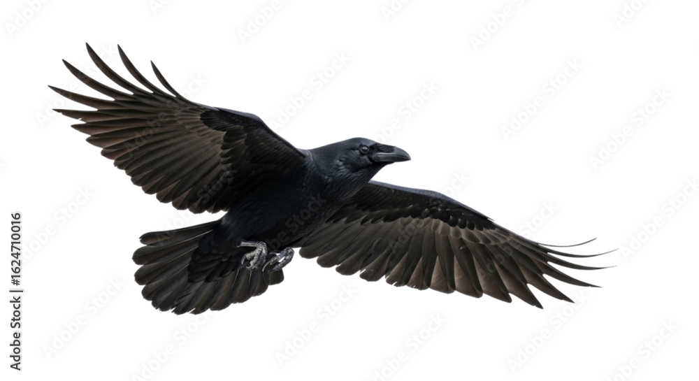 Obraz premium Black crow in mid-flight with wings spread wide, cutout isolated on transparent bg, png