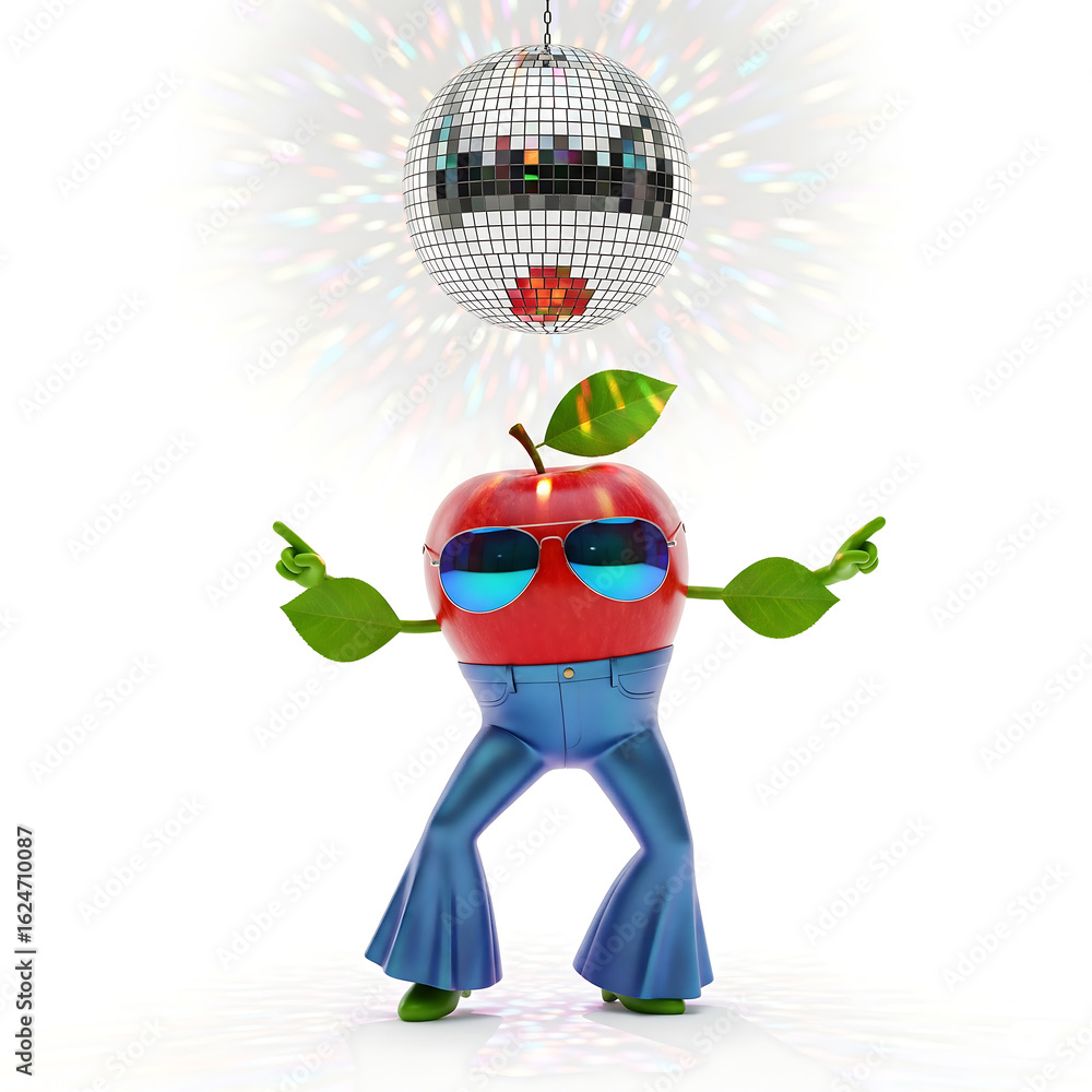Fototapeta premium A red apple character with sunglasses and bellbottom pants dancing under a disco ball, isolated on white background