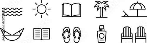 Outlined Beach Vacation Sun, Waves, Book, Palm Tree, Umbrella, Sandal, Chairs