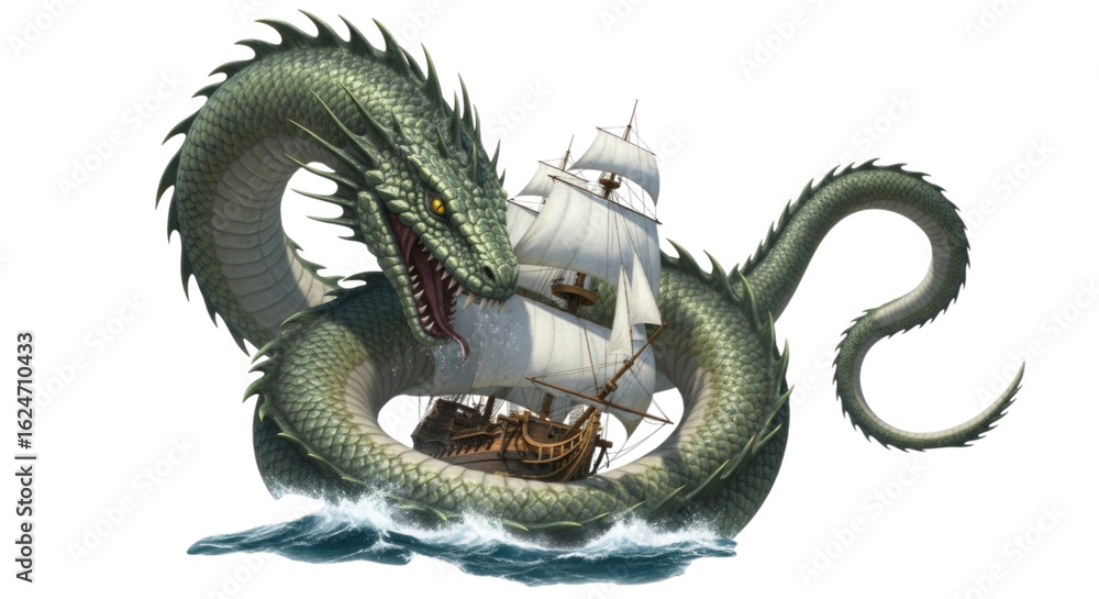Obraz premium Sea serpent encircling a sailing ship with dramatic waves cutout isolated on transparent bg, png
