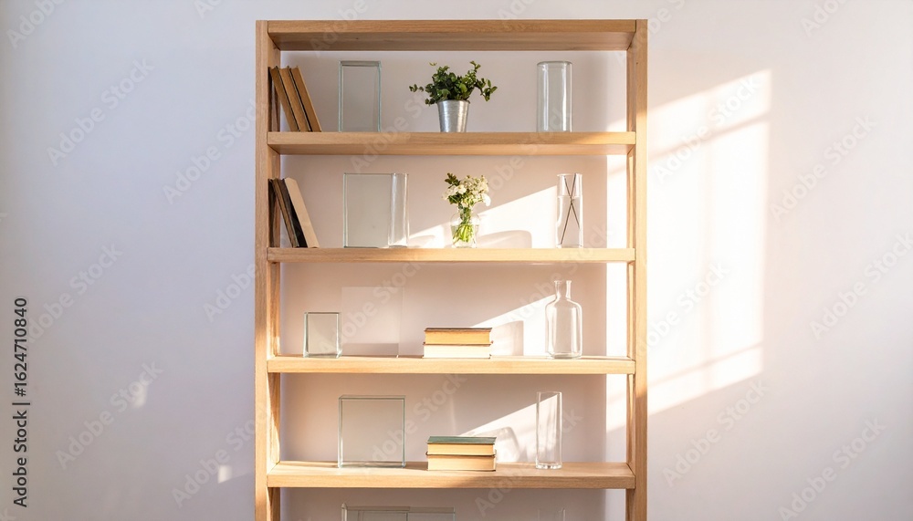 Fototapeta premium Wooden bookshelf with plants and books bathed in warm sunlight