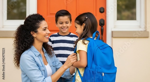 Wallpaper Mural Woman helps child put on a blue backpack brother watches Torontodigital.ca