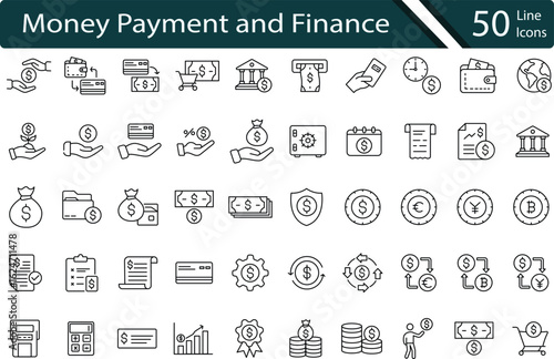 Money Payment and Finance Essentials Icon Set.Vector Line Icons for Banking, Transactions, Currency and Financial Growth.