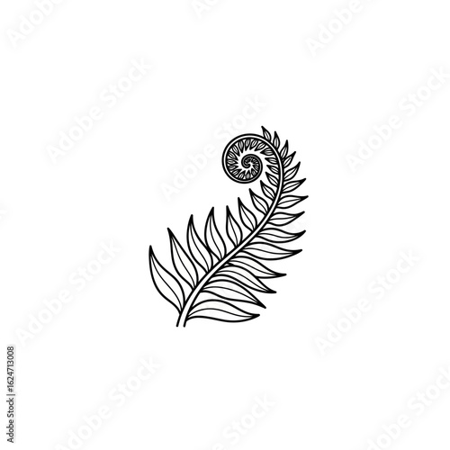 Elegant Black and White Fern Frond with Coiled Tip Illustration