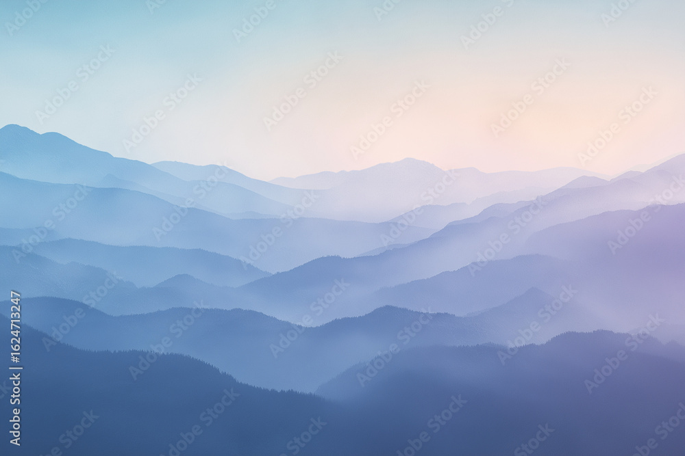 Obraz premium Layered mountain landscape in watercolor style with soft mist and gradient sky