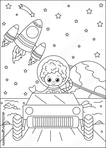 Coloring Book Kids Adorable astronaut boy driving a rover on a planet with rocket launch and stars in a cosmic coloring page for children