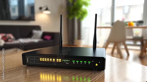Home Wireless Router on Wooden Table in Living Room