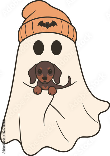 Halloween Dachshund Ghost Spooky Season Wiener Dog Ghost with Sausage Dog Vector