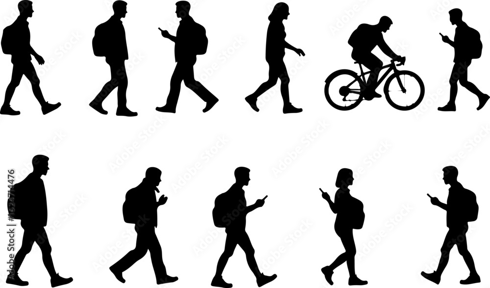 Fototapeta premium Silhouettes of People Walking and Biking