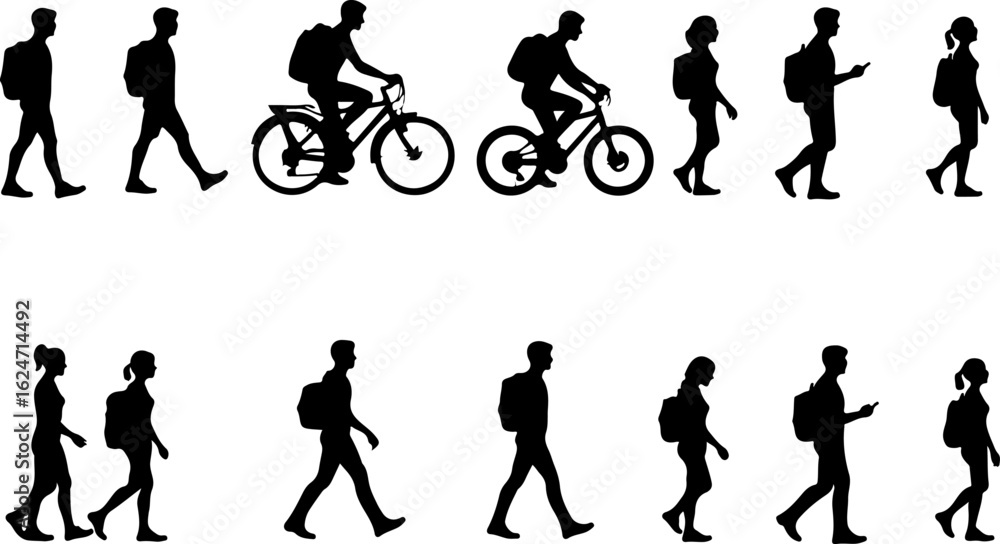 Naklejka premium Silhouettes of People Walking and Biking