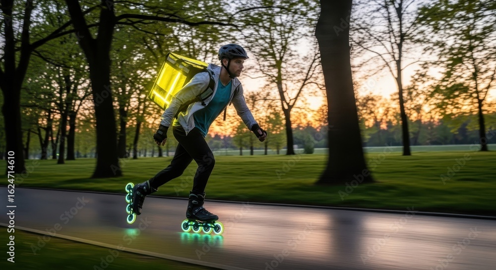 Obraz premium A futuristic courier on rollerblades with a glowing bag speeds through a park at dusk.